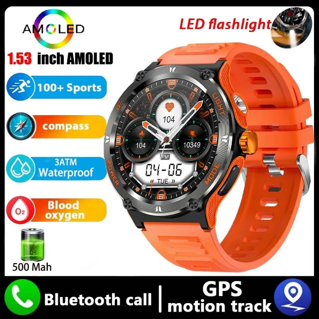 Relógio Amoled Smart Watch atende homens como mulheres, Huawei, Xiaomi, Robusto Militar Bluetooth Chamada, GPS Track, 500mAh, 3ATM Smartwatch Impermeável - JV Ofertas Online