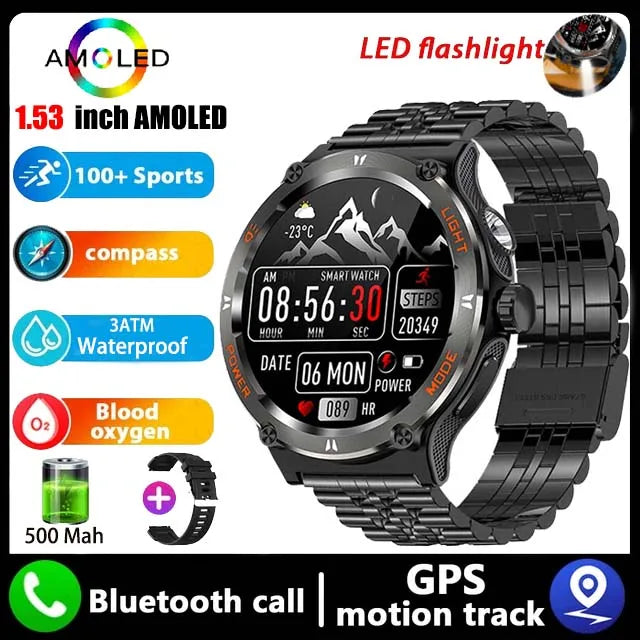 Relógio Amoled Smart Watch atende homens como mulheres, Huawei, Xiaomi, Robusto Militar Bluetooth Chamada, GPS Track, 500mAh, 3ATM Smartwatch Impermeável - JV Ofertas Online