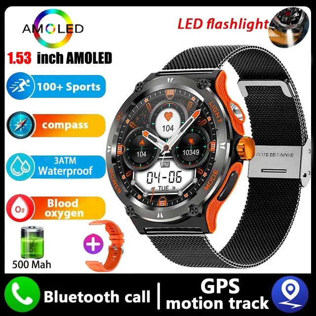 Relógio Amoled Smart Watch atende homens como mulheres, Huawei, Xiaomi, Robusto Militar Bluetooth Chamada, GPS Track, 500mAh, 3ATM Smartwatch Impermeável - JV Ofertas Online