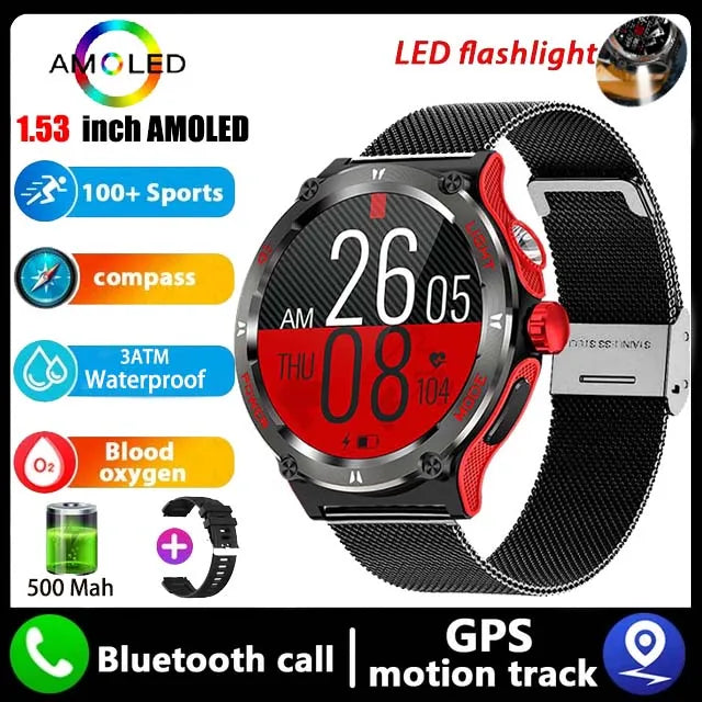 Relógio Amoled Smart Watch atende homens como mulheres, Huawei, Xiaomi, Robusto Militar Bluetooth Chamada, GPS Track, 500mAh, 3ATM Smartwatch Impermeável - JV Ofertas Online